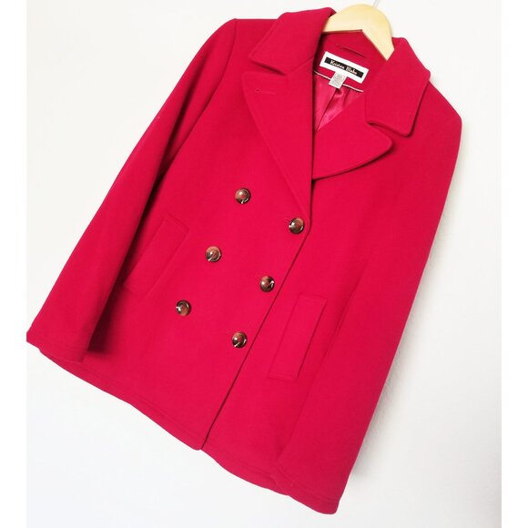 Kristen Blake Women’s M Red Wool Blend Double Breasted Pea Coat Classic Holiday - Picture 15 of 16
